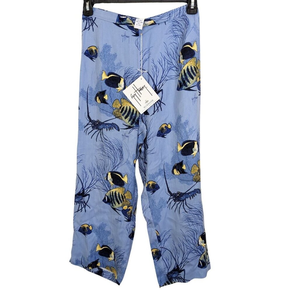 Guy Harvey AFTCO Bluewater NEW Silk Pant L Blue Floral Tropical Beachy Lobster